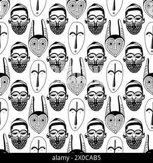 African masks - seamless pattern. Line art background design. Hand drawn outline artwork. Stock Vector