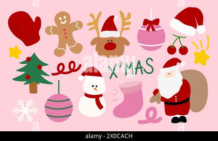 Hand drawn Christmas and New Year icons of Santa Claus, snowman, hat, gingerbread man, Christmas tree, reindeer, sock, ornaments, cherry, snowflake Stock Vector