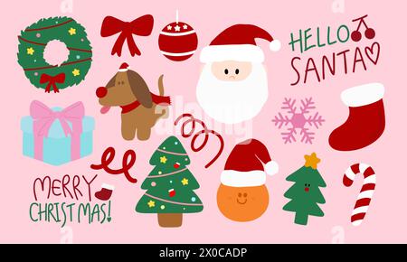 Hand drawn Christmas and New Year icons of Santa Claus, socks, candy cane, Christmas tree, wreath, gift box, red ribbon, ornaments, snowflake, puppy Stock Vector