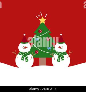 Christmas and New Year illustrations of Christmas tree, snow, snowman, ornaments on a red background for card, wallpaper, backdrop, sticker, gift wrap Stock Vector