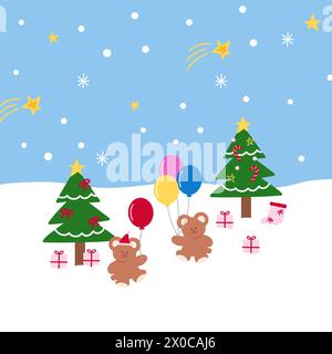 Christmas and New Year illustrations of teddy bears, Christmas tree, snow, snowflake, balloons, gift box on pastel blue background for card, wallpaper Stock Vector