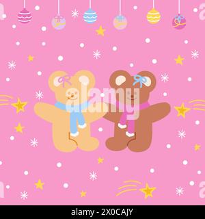 Christmas and New Year illustrations of teddy bears, ornament, snow, snowflake, winter scarf on a pastel pink background for Christmas card, wallpaper Stock Vector