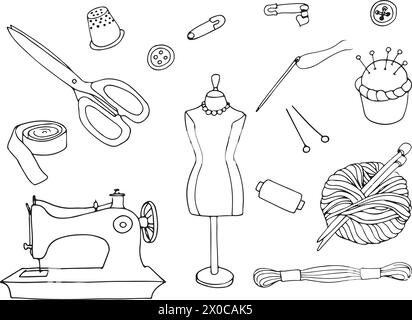 Set of sewing tools and elements or materials for needlework. Handmade equipment. Thread and needle, mannequin for your design and logo Stock Vector