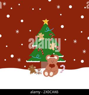 Christmas and New Year illustrations of teddy bear, Christmas tree, snow, snowflake, gingerbread man, gift box, candy cane for Christmas background Stock Vector