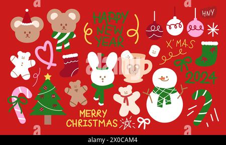 Christmas and New Year illustrations of teddy bear, bunny, candy cane, snowman, tree, light, socks, gingerbread man, marshmallow hot chocolate drink Stock Vector