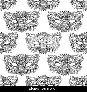 Mardi gras mask seamless pattern. Line art venetian carnival masks. Doodle outline design artwork. Stock Vector