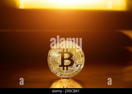 Cryptocurrency bitcoin on dark background. Future coin. Stock Photo