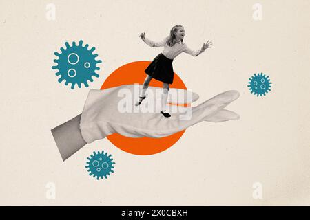 Sketch artwork trend composite image 3d collage photo of black white schoolgirl in uniform miniature stands on huge arm in medical glove virus Stock Photo