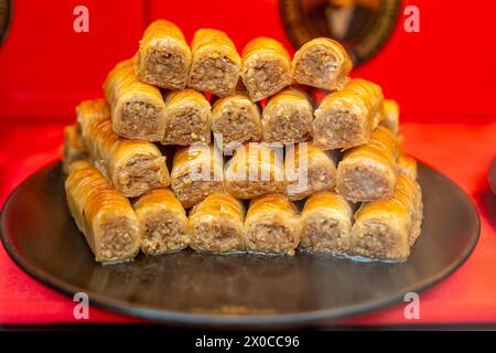 Traditional turkish, arabic sweets baklava assortment with pistachio. Stock Photo