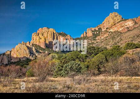 Rock formations over Cave Creek Canyon, Silver Peak group, early morning, Chiricahua Mountains, Coronado National Forest, near Portal, Arizona, USA Stock Photo