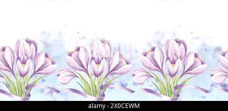 Violet crocuses with green leaves and ribbons seamless border. Hand drawn watercolor illustration spring saffron flower blossom Template background fo Stock Photo