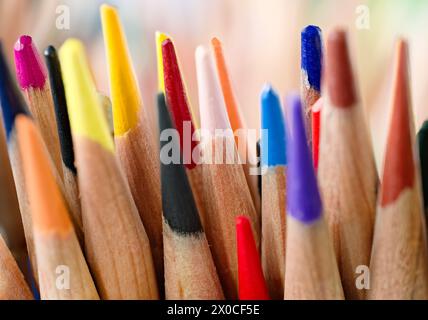 Bunch of multi-colored pencils, close-up shot, selective focus, art education abstract background Stock Photo