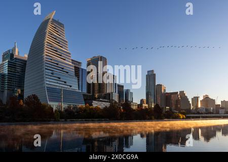 Misty sunrise over downtown Austin Stock Photo