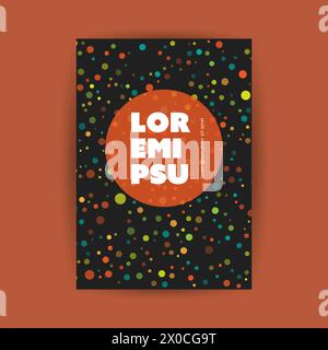 Dark Flyer or Cover Design for Your Business with Colorful Spotted Pattern and Round Label with Copyspace, Place, Room for Your Text - Vector Illustra Stock Vector