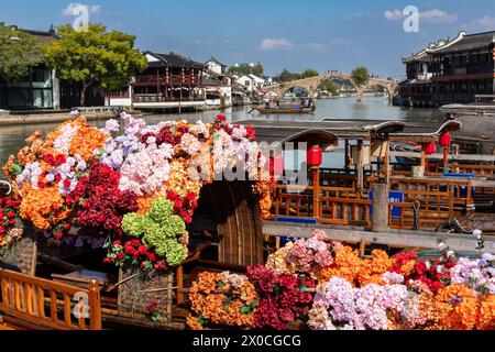 Boats on the dockside in Zhujiajiao ancient water town Stock Photo