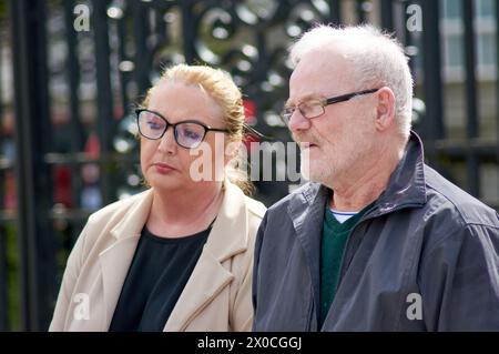 Belfast, United Kingdom 11 04 2024 Pádraig Ó Muirigh speaking with media following ruling by coroner that the use of force was justified in the killing of three men in Tyrone June 1991 Belfast Northern Ireland Credit: HeadlineX/Alamy Live News Stock Photo
