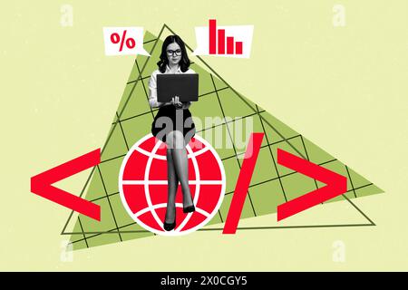 Trend artwork sketch image 3D photo collage of young office manager lady sit on internet coding percent sale stats work on laptop Stock Photo