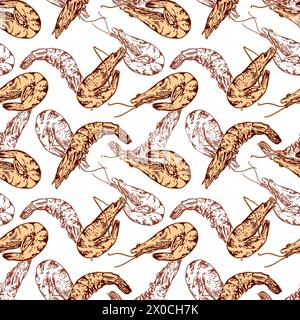 Shrimp seamless pattern, pink crustaceans. Vector illustration isolated on white background. For packaging paper, fabric, covers, textiles, food bags. Stock Vector