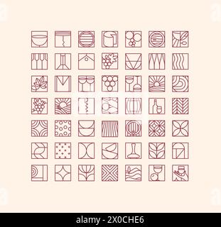 Wine art deco icons drawing in flat line style drawing on light background. Stock Vector