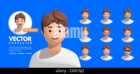 A 3D effect vector young male character avatar cartoon set with various feelings and expressions. Stock Vector