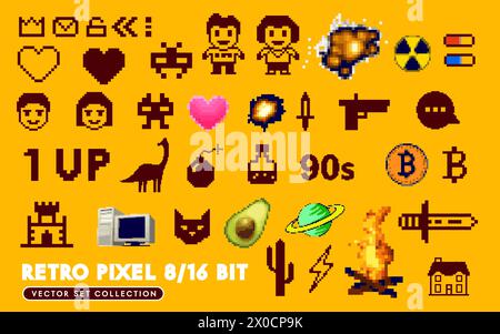 A collection of 8/16 bit retro 90's pixel characters, letters and icons symbols. Vector illustration Stock Vector
