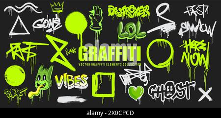 A vector set of graffiti elements with grunge texture tags and signs. Vector illustration Stock Vector