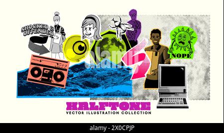 Set of objects including people and technology halftone grunge asset collection. Vector pop art. Stock Vector