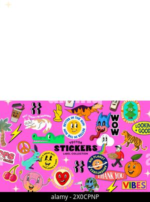 Varied mix of assorted fun cute character stickers and message labels. Vector illustration collection Stock Vector