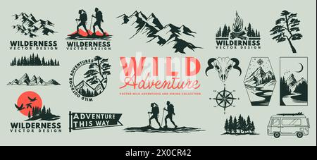 Outdoor wilderness adventures and hiking vector collection with mountains and people hiking. Vector illustration. Stock Vector