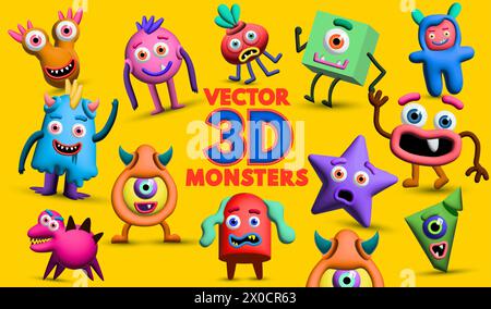 A collection of playful and fun 3D style vector monster characters. Vector illustration Stock Vector