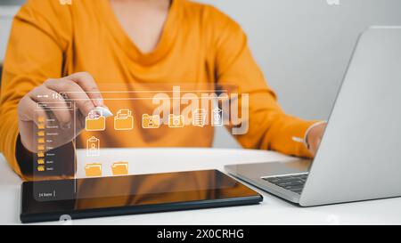Folder document Management System DMS Open File folder with flying blank documents with computer. Data transfer backup, File Sharing, Document Transfe Stock Photo