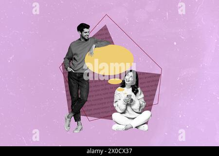 Composite trend sketch photo collage of young lady hold phone man couple friends date talk together text box talk cloud chat get message Stock Photo
