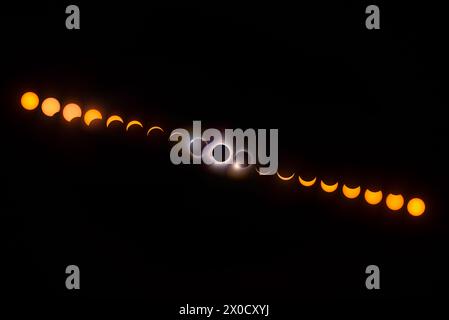 Alignment of phases of the total solar eclipse from first contact to totality. Stock Photo