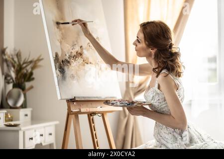 Beautiful female painter enjoying while painting in home art studio. Woman Artist Works on Abstract acrylic painting in the art studio. Stock Photo
