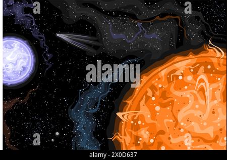 Vector Fantasy Space Card, horizontal astronomical poster with illustration of futuristic binary star system and flying comet in deep space, decorativ Stock Vector