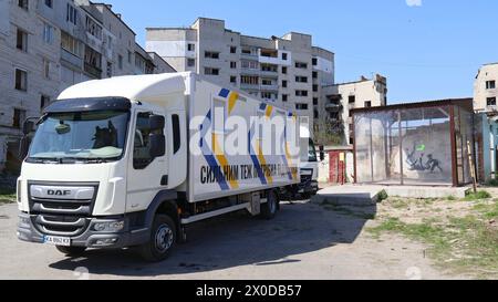 Non Exclusive: BORODIANKA, UKRAINE - APRIL 10, 2024 - One of the three vehicles, donated by the governments of Belgium and Spain, that will be used as Stock Photo