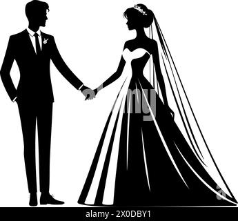 Bride and groom holding hands silhouette. Wedding couple. Vector illustration Stock Vector
