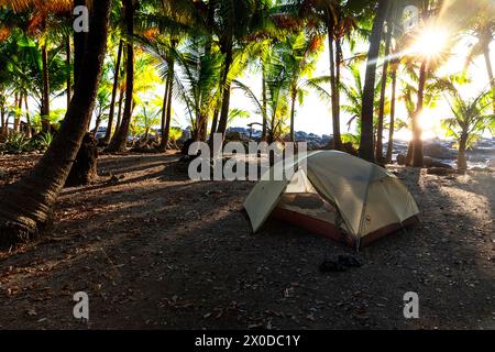 Tent under palm trees with sea view on idyllic campground near the small tourist village Montezuma, Nicoya peninsula, Costa rica Stock Photo