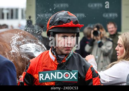 Kielan Woods wins the 5.15pm The Goffs UK Nickel Coin Mares’ Standard Open NH Flat (Grade 2) during the Randox Grand National 2024 Opening Day at Aintree Racecourse, Liverpool, United Kingdom, 11th April 2024  (Photo by Mark Cosgrove/News Images) Stock Photo