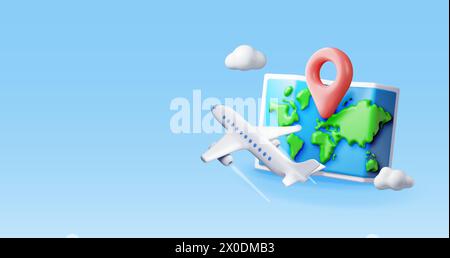 3D airplane in clouds and paper map Stock Vector