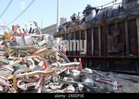 Non Exclusive: KHARKIV, UKRAINE - APRIL 10, 2024 - An energy facility is damaged by Russian shelling, Kharkiv, northeastern Ukraine. Stock Photo