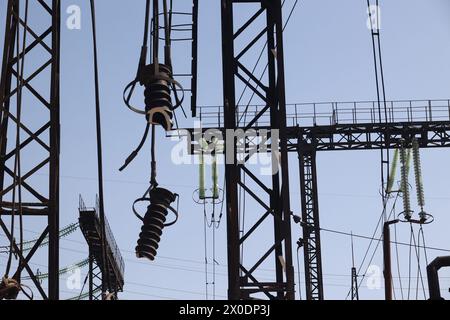 Non Exclusive: KHARKIV, UKRAINE - APRIL 10, 2024 - An energy facility is damaged by Russian shelling, Kharkiv, northeastern Ukraine. Stock Photo