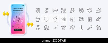 Dirty spot, Washing cloth and Wash hands line icons for web app. Pictogram icon. Phone mockup gradient screen. Vector Stock Vector