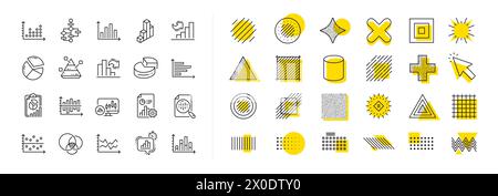 Charts and Diagrams line icons. Set of 3D Chart, Block diagram and Dot Plot graph icons. Design elements. Vector Stock Vector