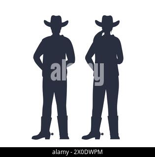 Man and woman cowboys in hat standing, black silhouette. American characters from wild west. Flat vector illustration isolated on white background Stock Vector