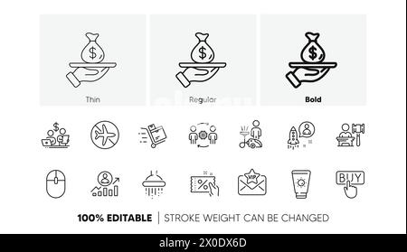 Auction, Flight mode and Discount coupon line icons. For web app, printing. Line icons. Vector Stock Vector