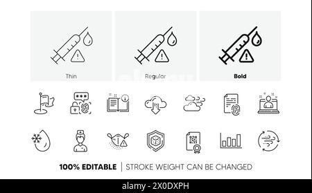 Report diagram, Windy weather and Dice line icons. For web app, printing. Line icons. Vector Stock Vector
