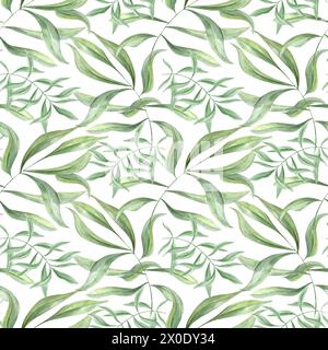 Tropical leaves. Green oleander branches. Seamless pattern of olive leaves. Ivy realistic foliage. Watercolor illustration. Floral greenery design Stock Photo