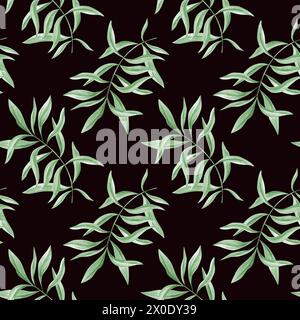 Tropical leaves. Green oleander branches. Seamless pattern of olive leaves. Ivy realistic foliage. Watercolor illustration isolated on black Stock Photo