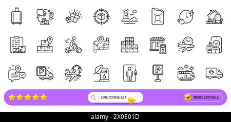Parcel tracking, Truck parking and Charging time line icons for web app. Pictogram icon. Line icons. Vector Stock Vector
